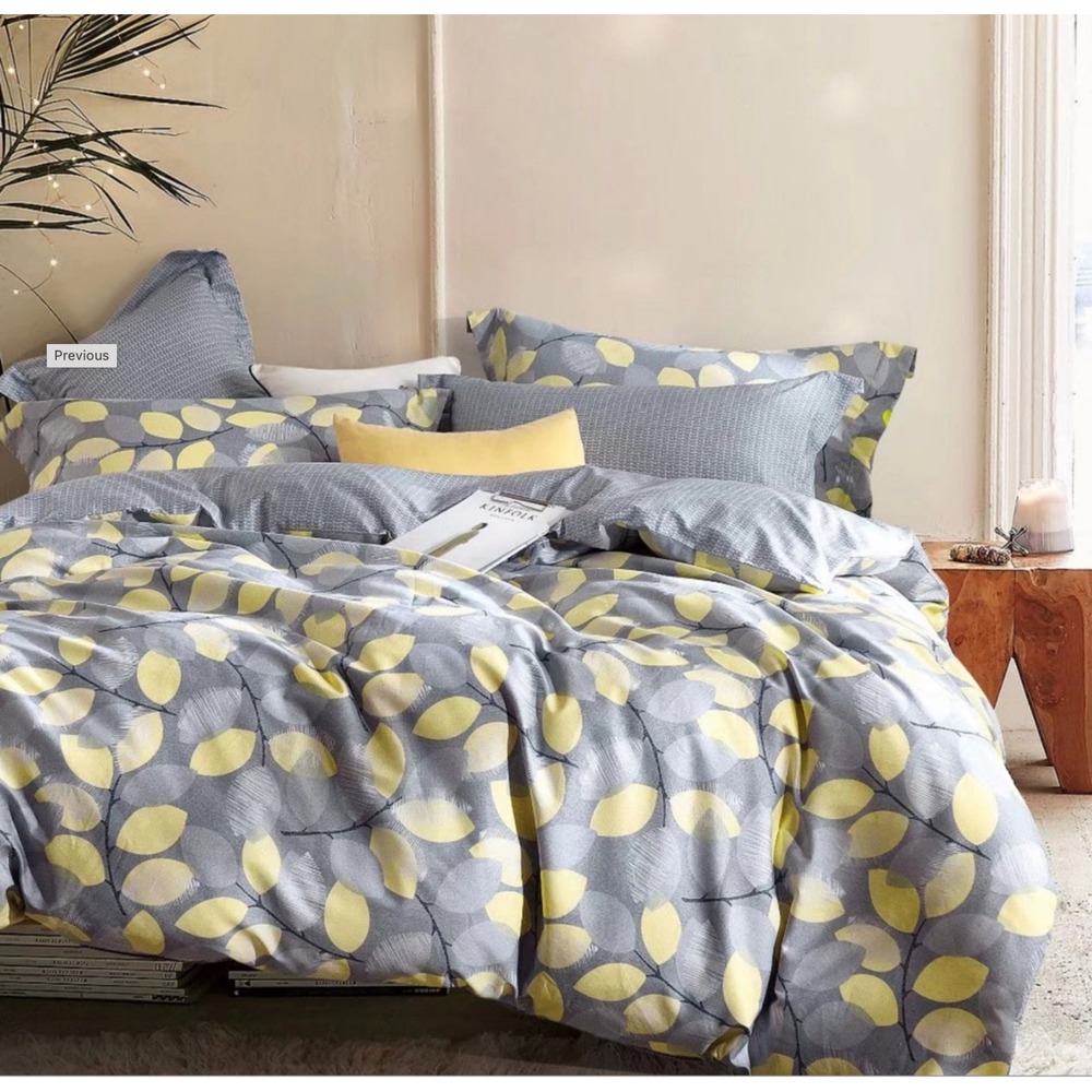 Sistes Gray Yellow Floral 100% Cotton Reversible Comforter Set Queen Modern